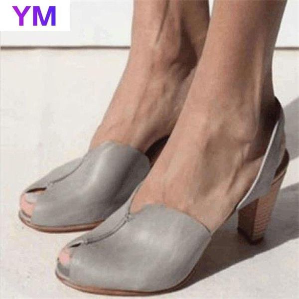 

2021 spring retro one-word buckle with fish mouth pu high heel cover foot thick heel overshoe fashion sandals zapatos de mujer, Black