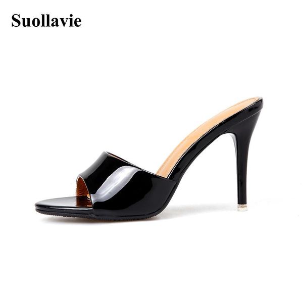 

slippers 2021 classic patent leather lady shoes solid women peep toe high heel black apricot leisure suollavie