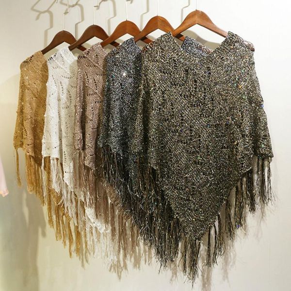 

women's sweaters knitted bright silk bat sleeve fringed sequins shirts summer tassels cloak hollow crocheted pullovers v-neck sunscreen, White;black