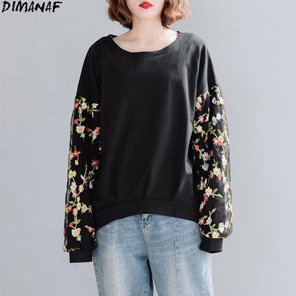 

women's hoodies & sweatshirts dimanaf plus size women winter cotton pullover mesh lace embroidery floral print female loose clothes, Black