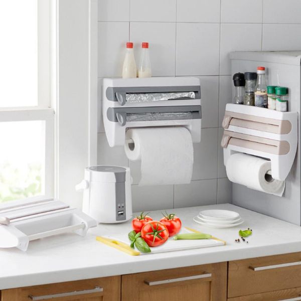

hooks & rails 4 in 1 wall-mount paper towel holder sauce bottle storage rack abs film cutter mutifunction kitchen tin foil organizer