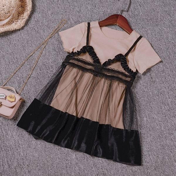 

new arrival girl fashion two set long t-shirt+lace dress 210303, Red;yellow
