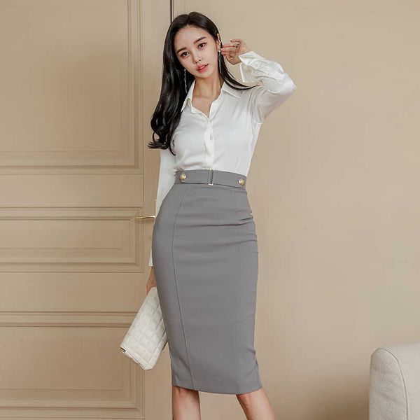 

women spring fashion casual ol work wear 2 pieces set white long sleeve blouse + sheath pencil bodycon skirt suit 210529