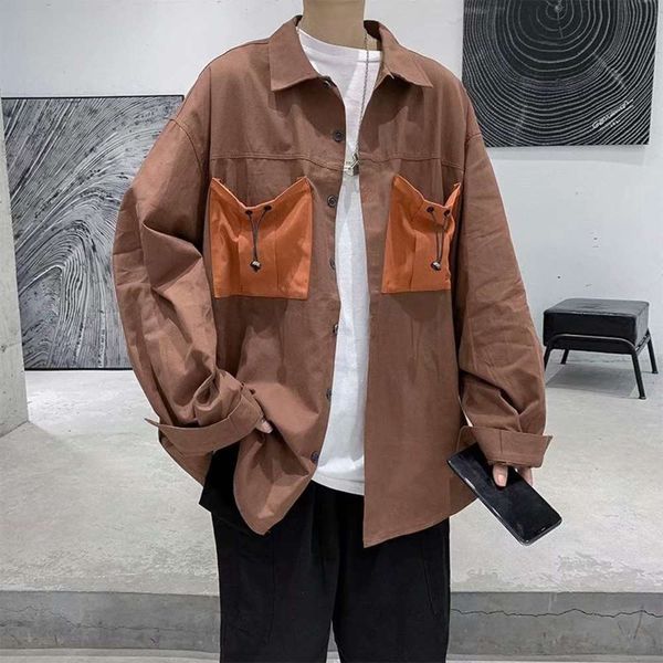 

men's loose double pocket long sleeve shirt, White;black