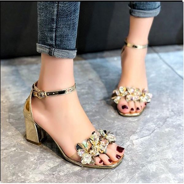 

sandals crystal with low heels women 2021 summer shoes open toe chunky gold sliver, Black