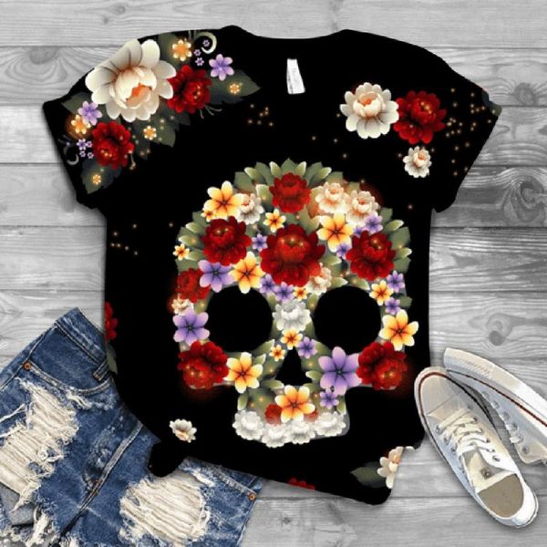 

womens plus size short sleeve 3d skull printed o-neck tee shirt blouse, White