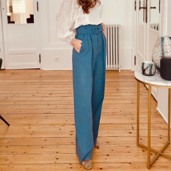 

2021 new dark blue wide leg pants women high waits belt pocket casual trousers elegant office lady formal chic long pant iaau, Black;white