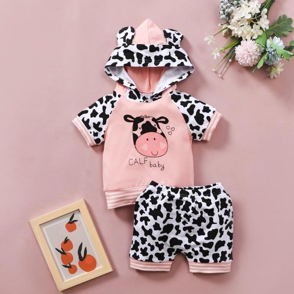 Set di abbigliamento Vestiti estivi per neonate Mucca carina stampata Casual Felpa con cappuccio a maniche corte T-shirt Top + Pantaloncini Abiti Set di animali del fumetto