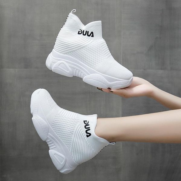 

boots 2021 breathable women socks shoes summer comfortable sneakers 10cm wedge heels autumn ankle platform white mesh, Black