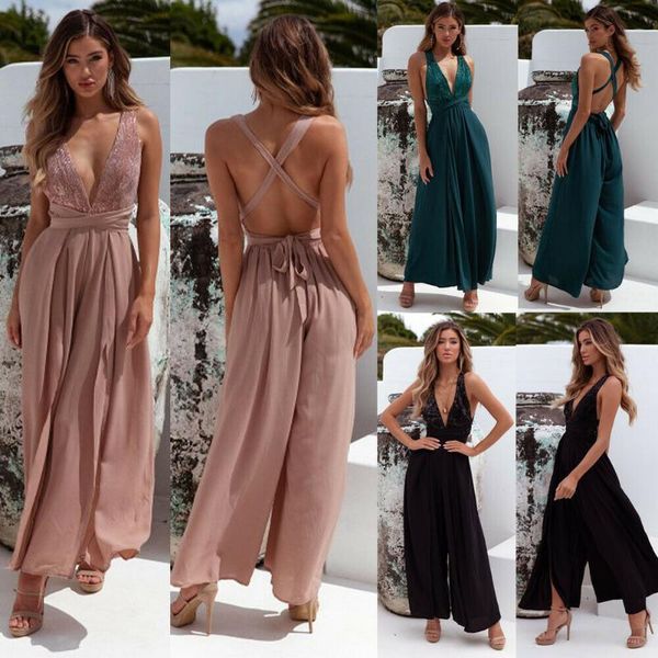 

hirigin womens summer v neck sleeveless backless bandage jumpsuit loose wide leg pants playsuit, Black;white