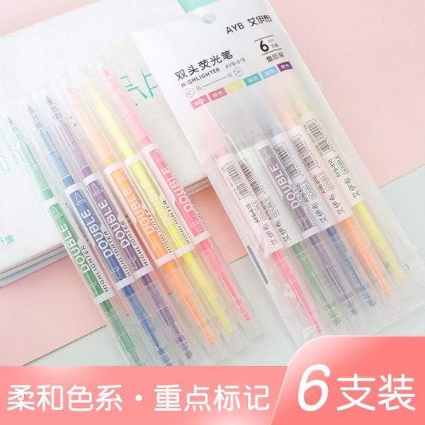 

double creative head orcent pen 6 pack cartoon oblique graffiti color hand account key marking for primary and middle, Black;red