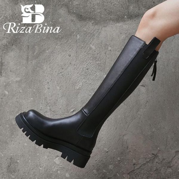 

boots rizabina women flat heel long real leather zipper woman winter shoes fashion warm knee high size 33-42, Black