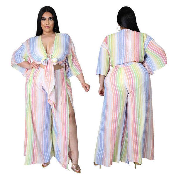 

european summer wide leg pant set striped print 2 pieces clothes set v neck beach tracksuits 211116, White