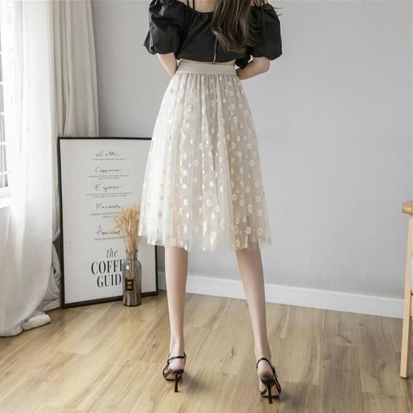 

skirts white 3d flower lace skrit women high waist mesh long female elegant midi tulle skirt sweet cute student school wear saias, Black