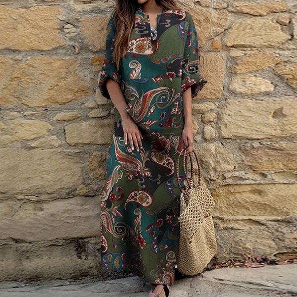 

2021 new women's casual long-sleeved loose retro polka dot patchwork printed autumn ladies v-neck party long plus size rq8b, Black;gray