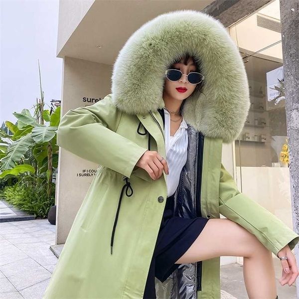 

waterproof parka casual winter real fur jacket women coat natural collar hood rabbit liner outerwear warm 211110, Black