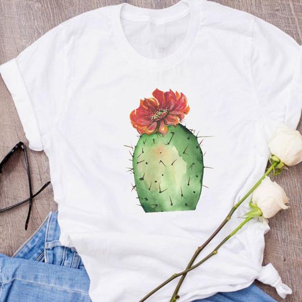 

women graphic cactus flower beach fashion streetwear 90s clothes lady clothing tees print female t shirt womens t-shirt, White