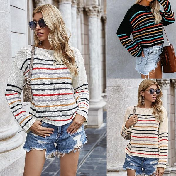 

women's blouses & shirts autumn winter ladies striped knitted sweater lantern sleeve loose blouse round neck casual pullovers fashion f, White