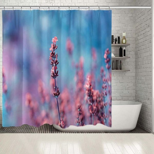 

shower curtains curtain summer garden lavender flowers blooms on becomes blurred background nature po printed blue pink