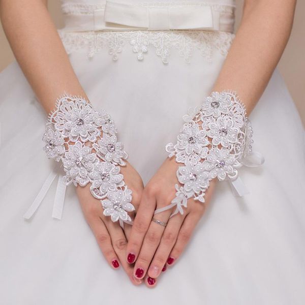 

bridal gloves flower crystal ribbon fingerless lace for prom party, White