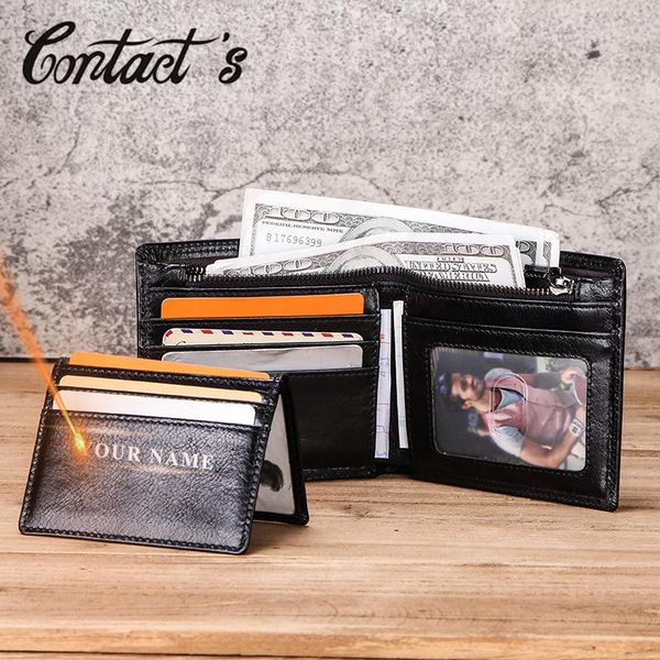 

wallets contact's personalized men genuine leather slim wallet for man quality coin purse zip pocket card holder gift carteras, Red;black