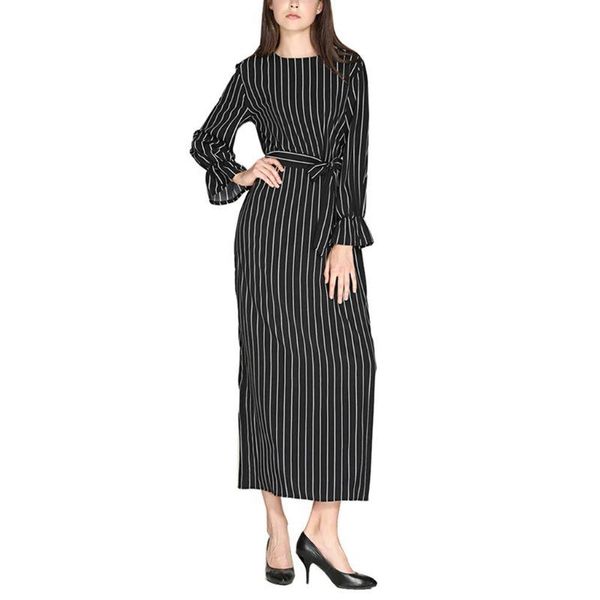 

casual dresses 40jf women lady islamic muslim flare sleeve maxi long dress vertical stripes o-neck belted high waist pullover slim tunic, Black;gray