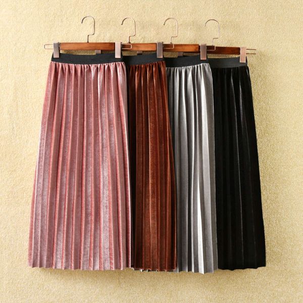 

middle school children's winter girl's pleated mid length long organ skirt velvet thick, Black;gray
