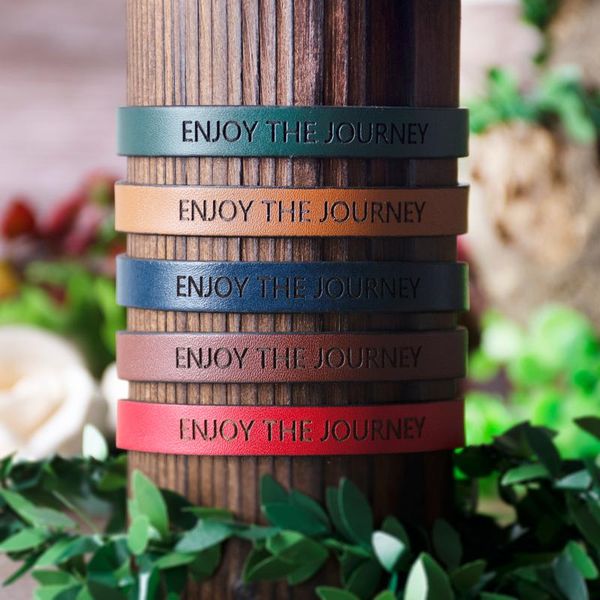 

tennis 2021 travel men genuine leather warp bracelet women gift engraved inspirational quotes vacation punk vintage jewelry 5 colors, Golden;silver