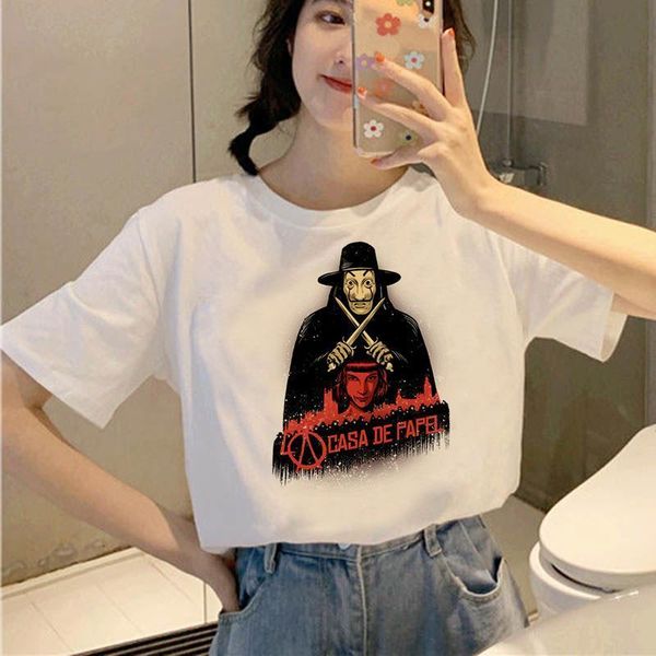 

woman summer the house of paper t shirt women la casa de papel tshirt women vogue casual dali mask casa de papel t-shirt top, White