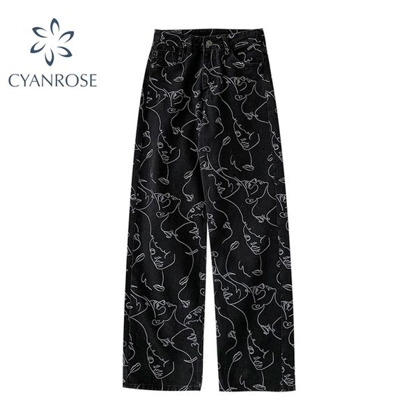 

high waist jeans woman plus size street style abstract print denim pants cotton loose coated vintage washed boyfriend jeans 210715, Blue