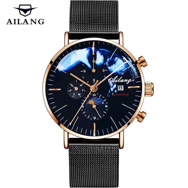 

wristwatches ailang design moon phase mechanical watch men sports luxury automatic watches waterproof calendar steel relogio masculino, Slivery;brown