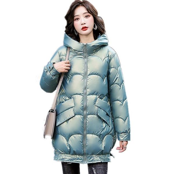 

women's down & parkas women 2021 winter glossy cotton jackets female loose casual mid-length hooded quilted coat thicken warm snow s244, Black