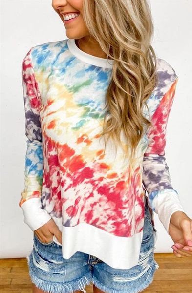 

multicolor long sleeve t shirt women tie dye tee casual loose o neck tee shirts 2021 new spring autumn ropa mujer, White