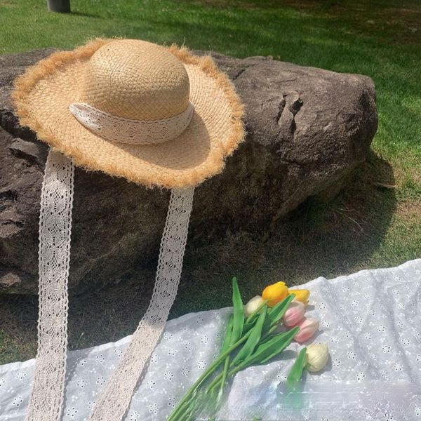 

wide brim hats summer children's straw hat lafite grass rough edge parent child sunscreen girl baby lace holiday sunshade, Blue;gray