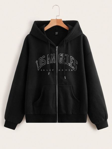 

rhinestone letter pattern zipper up drawstring hooded sweatshirt x8ok#, White;black