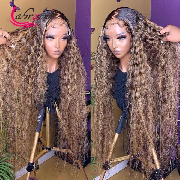 

lace wigs highlight honey blonde hd transparent frontal human hair ombre brown kinky curly front preplucked deep wave13x6x1, Black;brown