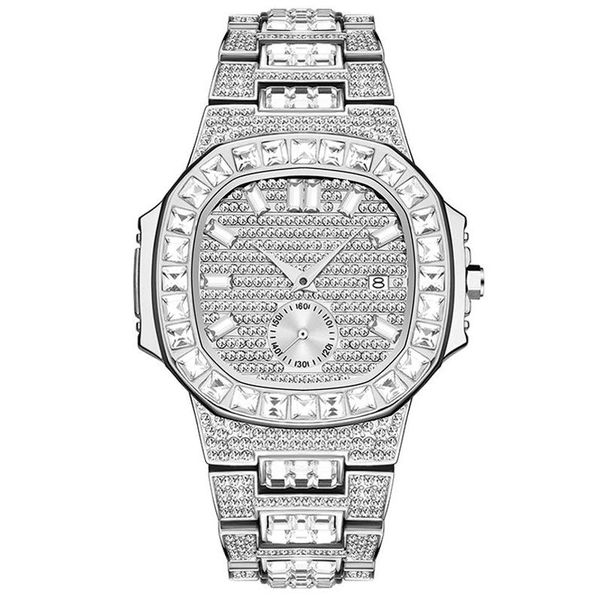 

wristwatches luxury diamond iced out men quartz watch waterproof hip hop jewelry wristwatch roman number dial crystal watches, Slivery;brown