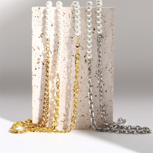 

pendant necklaces 316l stainless steel ot buckle cuban chain imitation pearl titanium stitching connected necklace, Silver