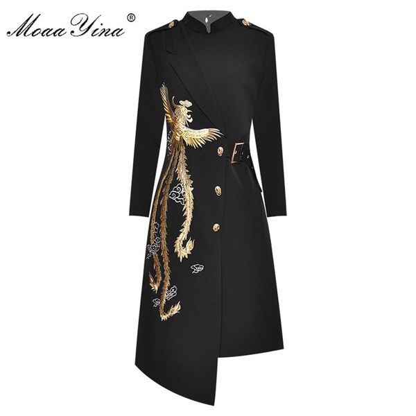 

moaayina fashion designer dress spring autumn women's dress stand collar embroidery elegant asymmetrical dresses 210303, Black;gray