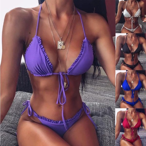 

2020 ruffles bikini set women bandage push up padded thong biquini women bathing suit halter style beach swimming wear