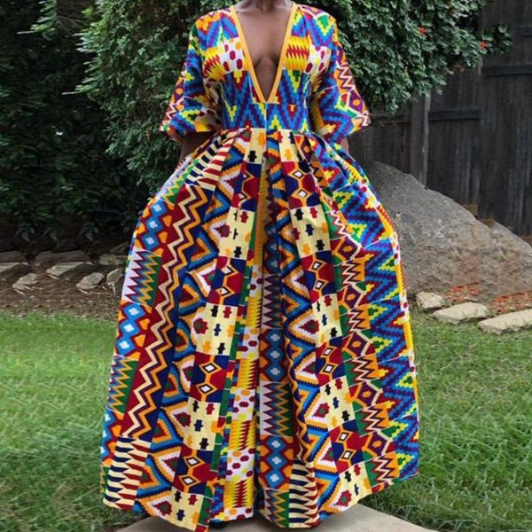 Повседневные платья 2021 осень зимнее платье африканский модный дизайн печать высокая талия глубокая V-образная вышата темперамент сексуальный 7 рукава женщин