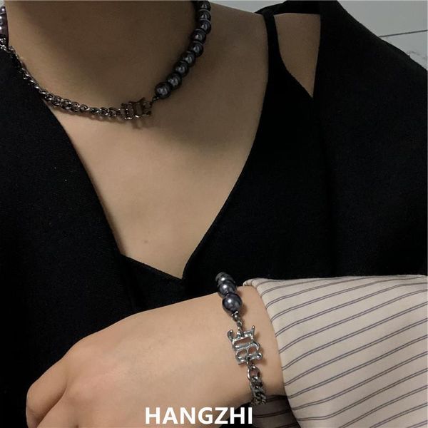 

chains hangzhi 2021 fashion short stitching chain mysterious black pearl necklace bracelet nightclub jump di clavicle, Silver