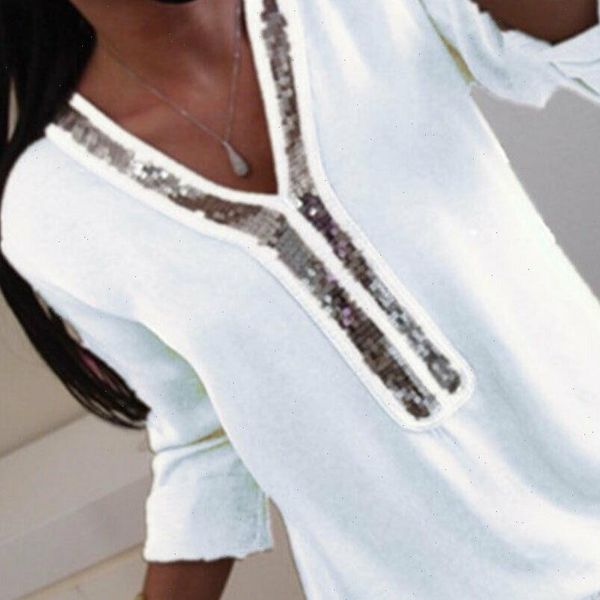 

women ladies long sleeve loose blouse summer v neck casual shirts clothing sequined solid casual baggy tunic clothes, White