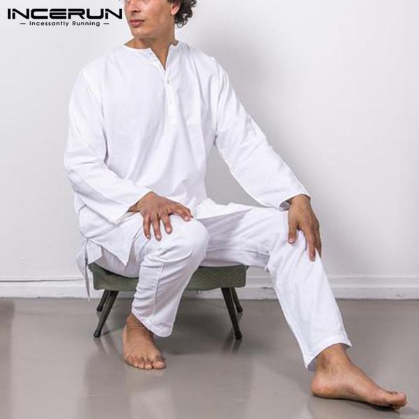 

vintage mens sets incerun long sleeve o neck drawstring pants 2 pieces male solid buttons suits chinese style sets s-5xl 7, Gray