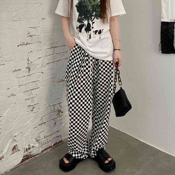 

plaid pants women fashion autumn wide leg pant high waist streetwear loose casual straight women trousers, Black;white