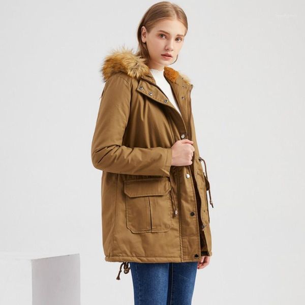 

women's down & parkas women jacket winter coat fashion fur collar hooded thicken warm cotton-padded coats mid-length plus velvet clothe, Black