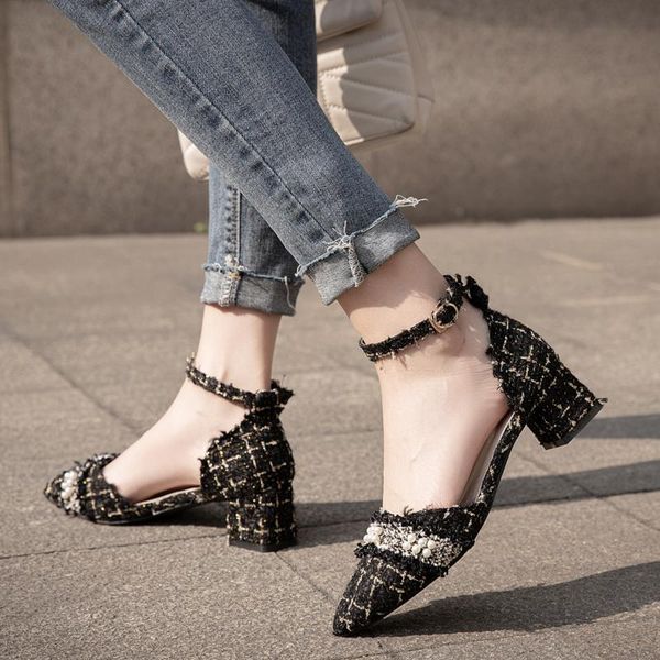 

sandals velvet shoes buckle strap all-match block heels luxury 2021 women's med suede chunky spring fashion clear girls mult, Black