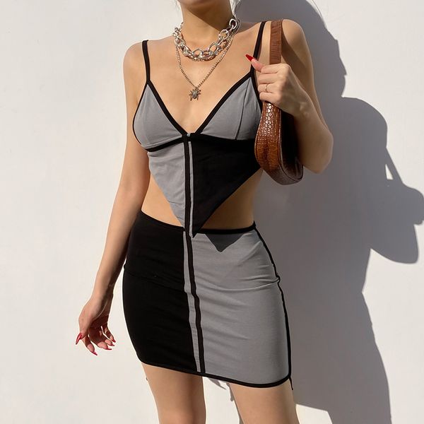 

deep v-neck crop and mini skirts two piece outfits for women gothic aesthetic patchwork ladies matching sets, Black
