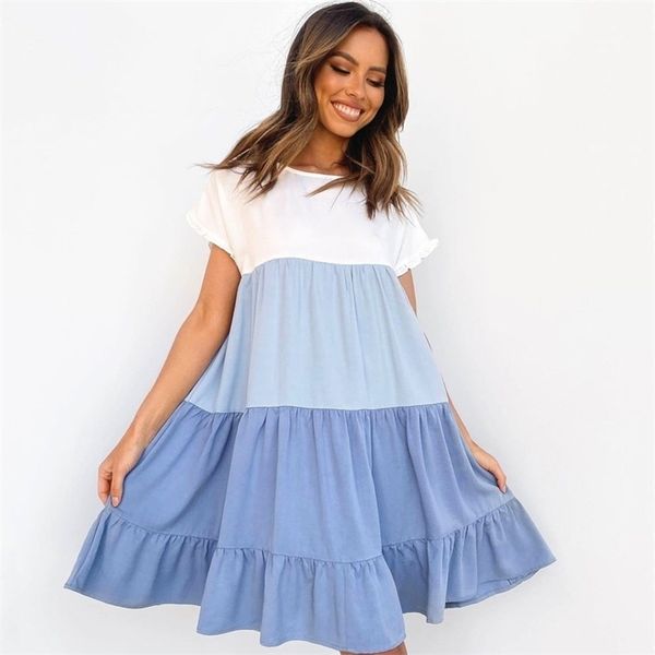 

summer holiday mini dress 2021 women o neck short sleeve color patchwork ruffles basic beach dresses vestido sundress streetwear, Black;gray