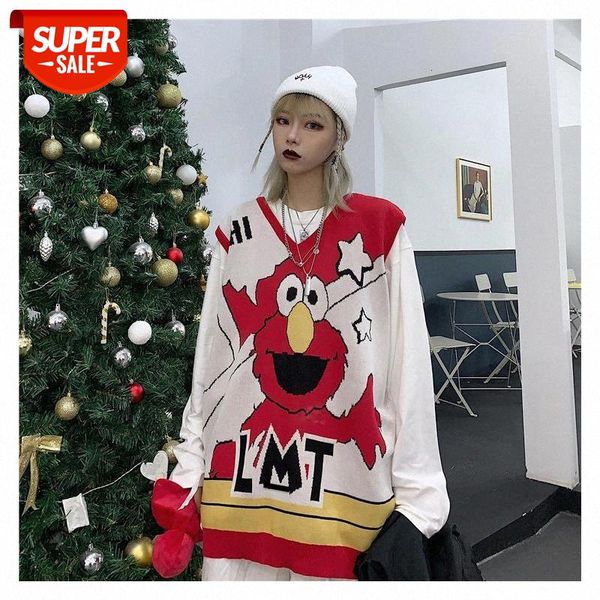 

new cute cartoon print loose vests women clothes sleeveless v-neck knitted vest female casual tank pullover oversize girls #7446, White